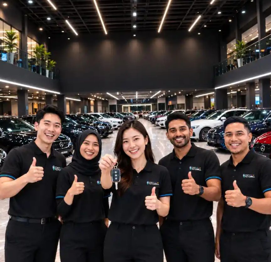 The CariCarz AutoMall team in the showroom giving thumbs up
